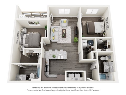 a 3d rendering of a floor plan with a bedroom and a living room